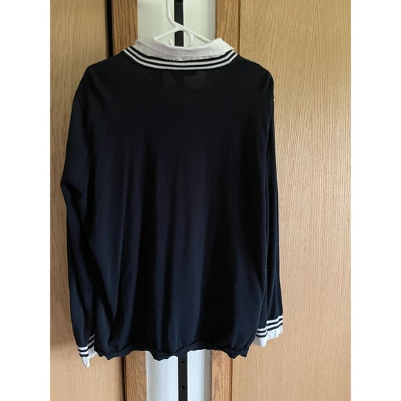 EUC Vintage Navy & White Cardigan With Striped Trim & Collared Shirt Layer - Picture 4 of 7